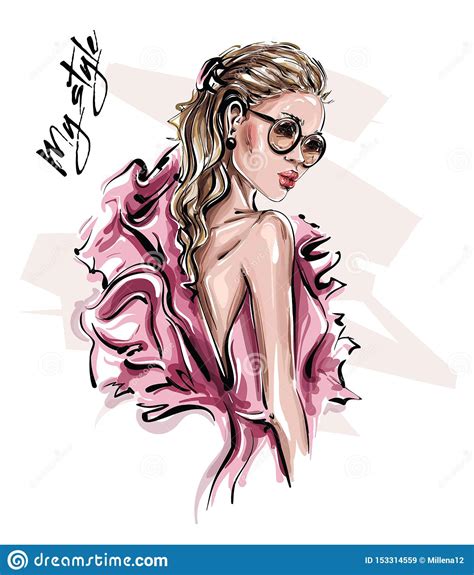 Mujer Joven Hermosa Dibujada Mano En Gafas De Sol Muchacha Elegante En Vestido Rosado Mirada De