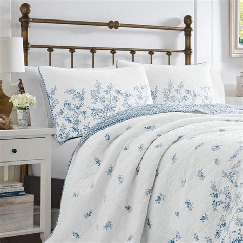 Laura Ashley Flora 3 Piece Blue King Quilt Set In The Bedding Sets