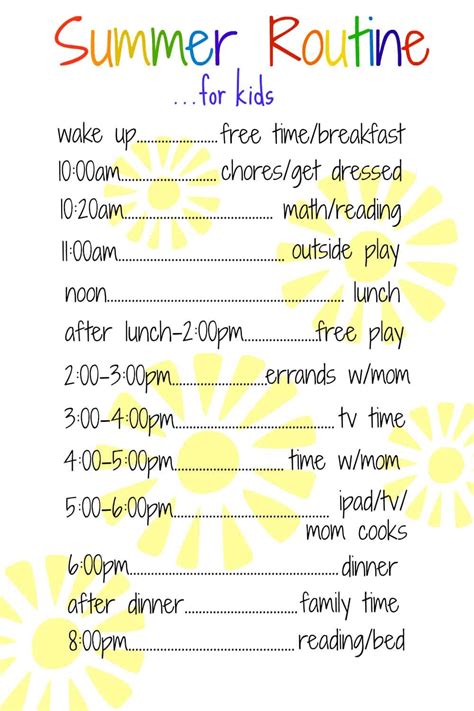 Daily Summer Schedule For Kids Free Printable Simple Mom Review