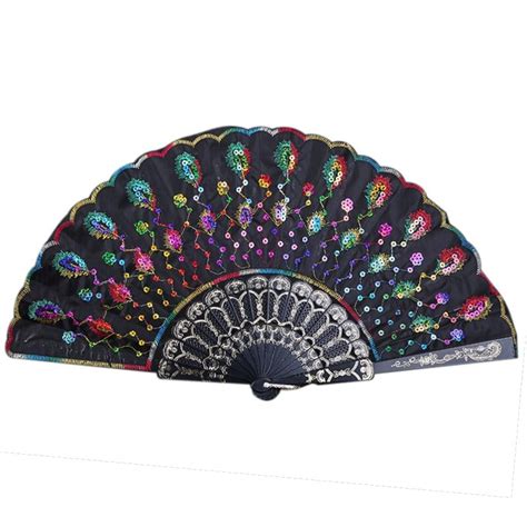 Chinese Style Folding Fan Sequin Embroidery Peacock Feather Pattern