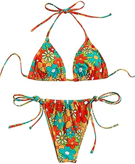 Soly Hux Womens Floral Print Bikini Sets Halter Tie Side Triangle Sexy Swimsuits
