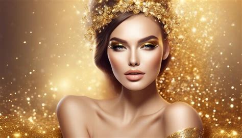 Premium Ai Image High Fashion Model Woman With Bright Golden Sparkles On Skin Fantasy Flower