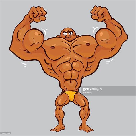 Cartoon Body Builder Man Flexing His Big Shiny Bicep Muscles Stock