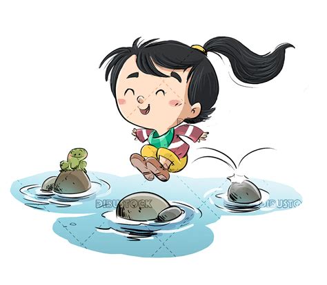 Niña Saltando Entre Las Piedras De Un Río Dibustock Ilustraciones