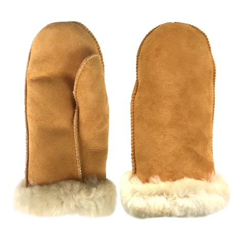 Womens Warm And Plush Real Genuine Sheepskin Lined Mittens Natural Tan