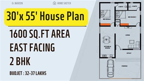 30x55 East Facing House Plan 1600 Sqft Area 2 Bhk Home Sketch