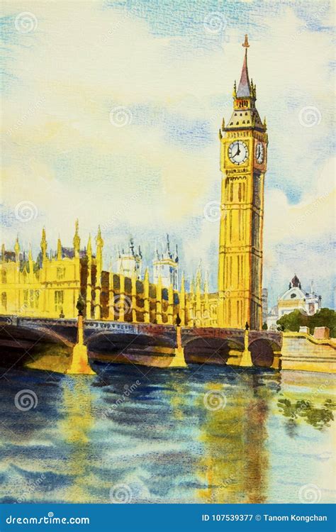 Watercolor Painting Big Ben Clock Tower And Thames River Stock