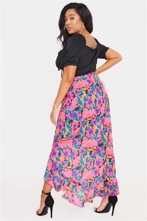 Curve Billie Faiers Pink Floral Print Wrap Maxi Skirt In The Style