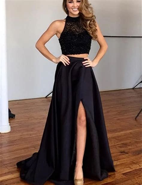 2017 New Black Two Pieces A Line Prom Dresses Halter Beaded Top Satin
