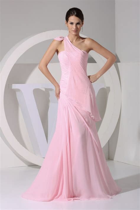 Elegant One Shoulder Long Pink Chiffon Prom Evening Bridesmaid Dresses