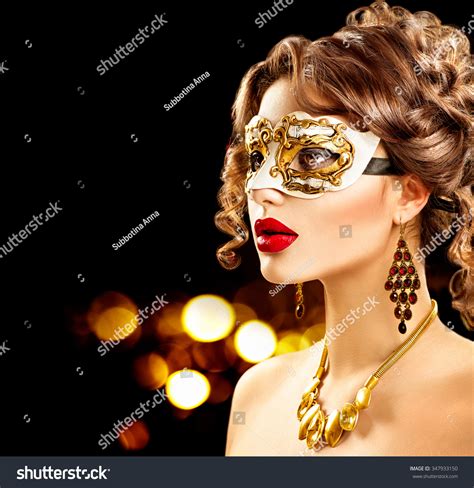 Beauty Model Woman Wearing Venetian Masquerade Carnival Mask At Party