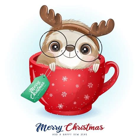 Premium Vector Cute Doodle Sloth For Christmas Day With Watercolor