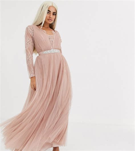 Asos Design Petite Lace Sleeve Plunge Tulle Maxi Dress With Embellished