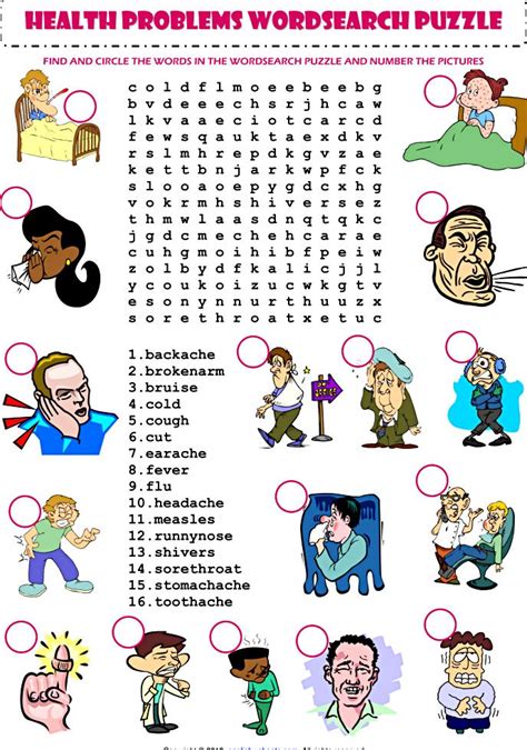 Health Problems Illnesses Sickness Ailments Injuries Wordsearch Puzzle