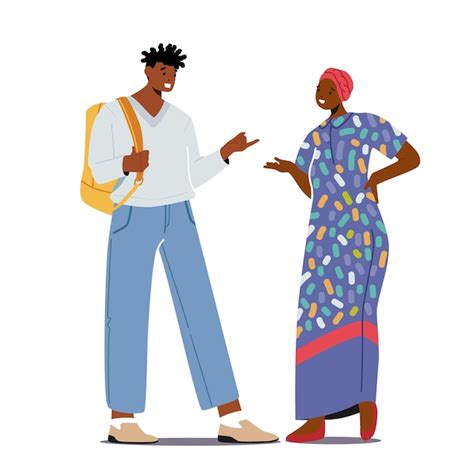 多民族の人々現代の服を着たアフリカ人の男性と伝統的なドレスとターバンの話をしている女性。カップルのおしゃべり プレミアムベクター