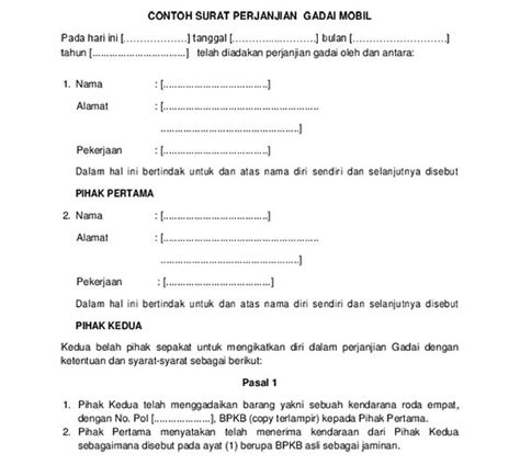 10 Contoh Surat Perjanjian Gadai Mobil Doc PDF 2023