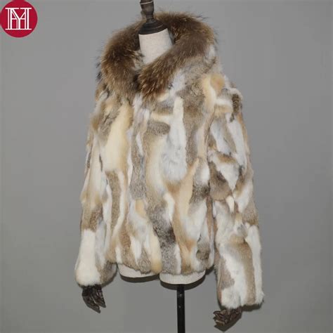 natural real rabbit fur coat women spring winter rabbit fur short jacket with raccoon fur collar