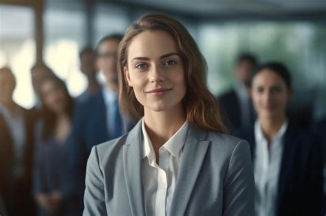 Premium Ai Image A Woman In A Suit Stands In Front Of A Group Of People