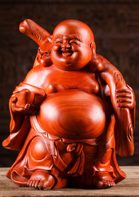 Wood Jolly Fat And Happy Buddha Of Wealth Holding Sack Of Gold Hand