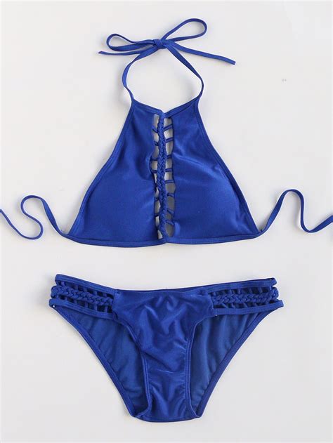 Blue Halter Top Backless Ladder Cutout Bikini Set Halter Bikini Set