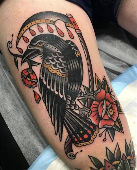 Traditional Raven And Scythe By Jason Meredith At Tradition Tattoo