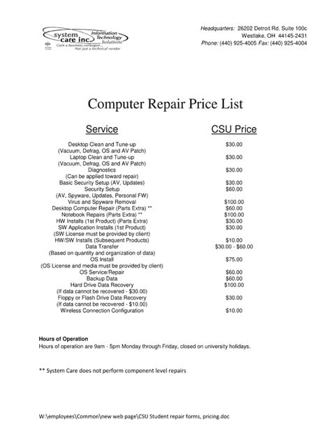 If you find a lower published price on the same repair we will match that price and lower ours by $5. Computer Repair Price List Pdf - Fill Out and Sign ...