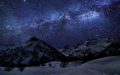 Landscape Mountain Snow Sky Stars Starry Night Nature Wallpapers
