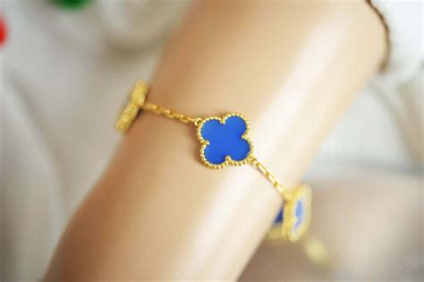 Blue Clover Bracelet Charm Four Leaf Bracelet In Gold Etsy