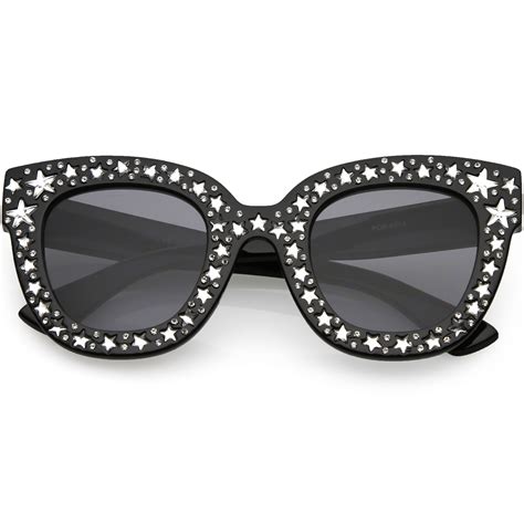 Sunglassla Oversize Star Rhinestones Cat Eye Sunglasses Wide Arms