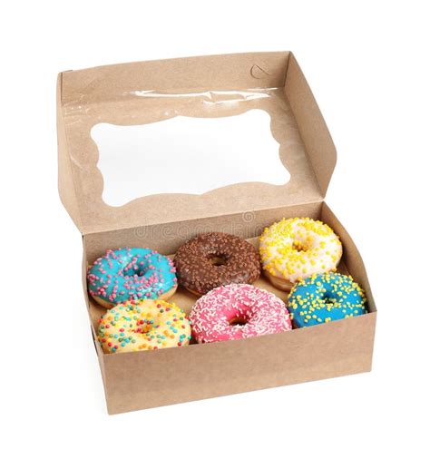 Tasty Glazed Donuts In Cardboard Box Isolated Stock Photo Image Of