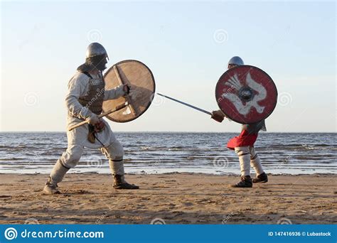 Two Medieval Warriors Fighting Stock Photo Image Of Reconstruction