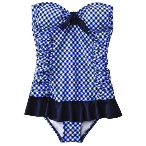 women s gingham check 1 piece swimsuit navy 30 found on polyvore swimwear swimsuits