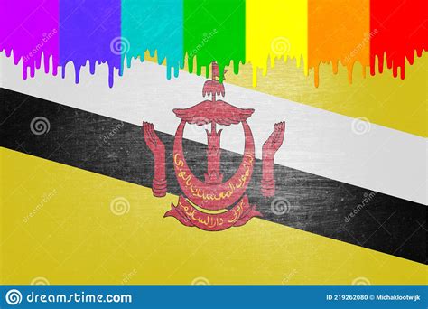 Paint Rainbow Flag Is Dripping Over The National Flag Of Brunei Stock