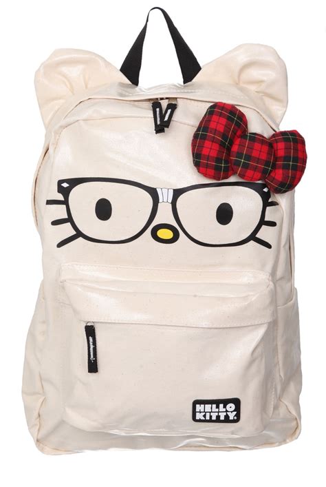 Hello Kitty Laminated Natural Canvas Backpack With Nerd Glasses Design