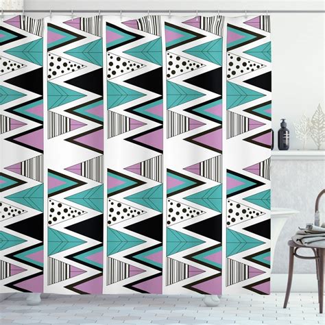 Geometric Shower Curtain 80s Memphis Zigzag Triangles Dotted And