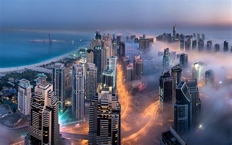 Wallpaper 1920x1200 Px Bay Building Dubai Landscape Lights Mist
