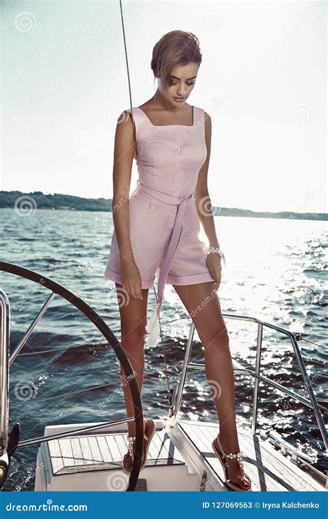 beautiful brunette girl in dress makeup summer trip yacht stock image image of model canvas