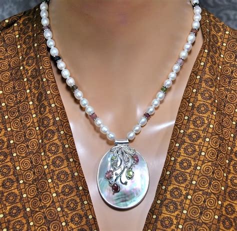 Mother Of Pearl Pendant Necklace Freshwater Pearls Large Etsy