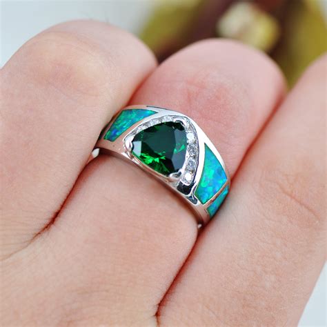 Triangular Green Emerald And Fire Opal Ring Womens Silver Plated Jewelry