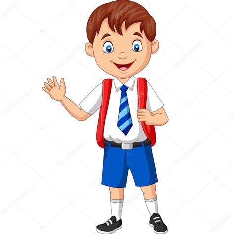 Vector Illustration Cartoon School Boy Uniform Waving Hand — Stock