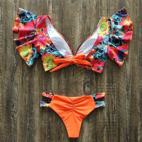 sexy brazilian bikini set female ruffle swimwear women print floral push up swimsuit bathing