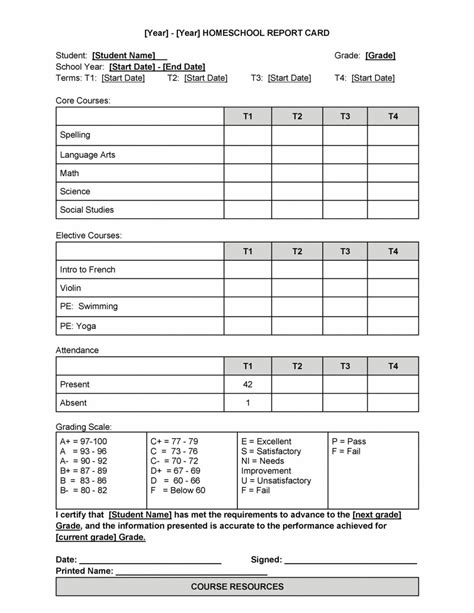 Grade Report Card Template Free Printable