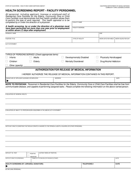 Form Lic 503 Health Screening Report For Facility Personnel Forms