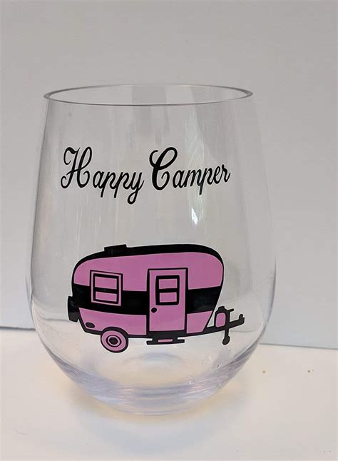 Happy Camper Acrylic Plastic Stemless Wine Glass Camper T Camping Wine Glass