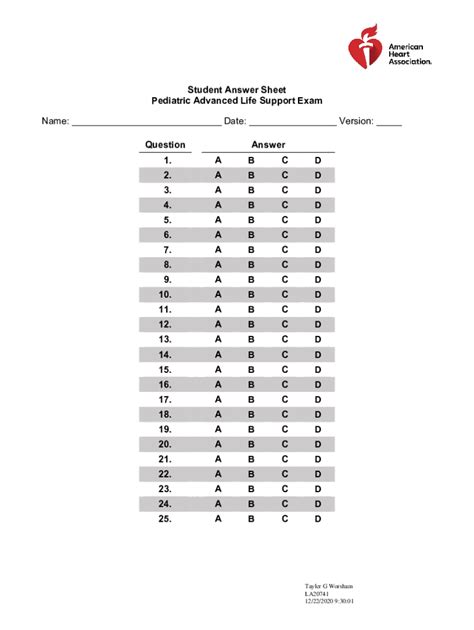 Fillable Online Student Answer Sheet Pediatric Advanced Life Support