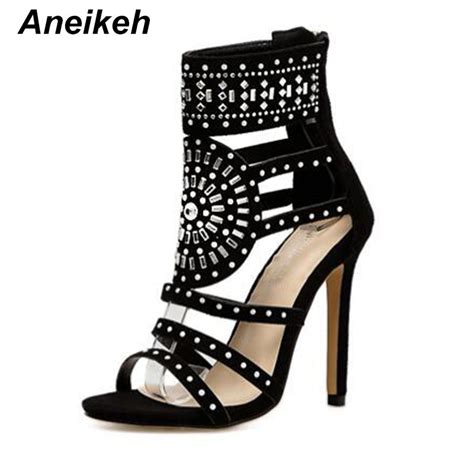 open toe rhinestone design high heel sandals crystal ankle wrap glitter diamond gladiator black
