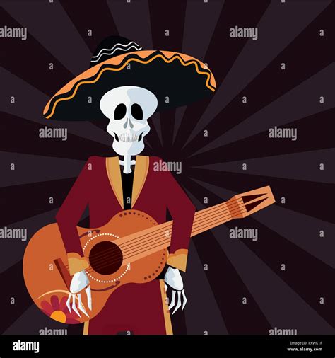 Day Of The Dead Skeleton Mariachi Costume Using Guitar Vector