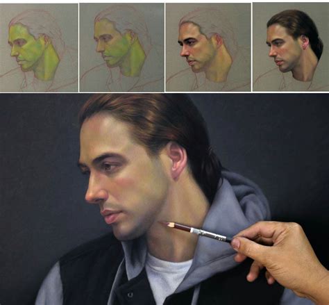 The Man Is Drawing His Face With A Pencil And Has Four Different Angles