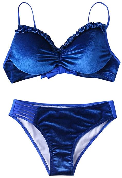two piece velvet padded ruffled bikini winnie harlow s blue velour bikini photos 2021