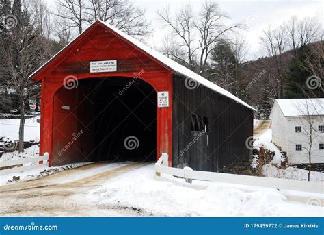 A Red Covered Bridge In The Vermont Winter Editorial Photography